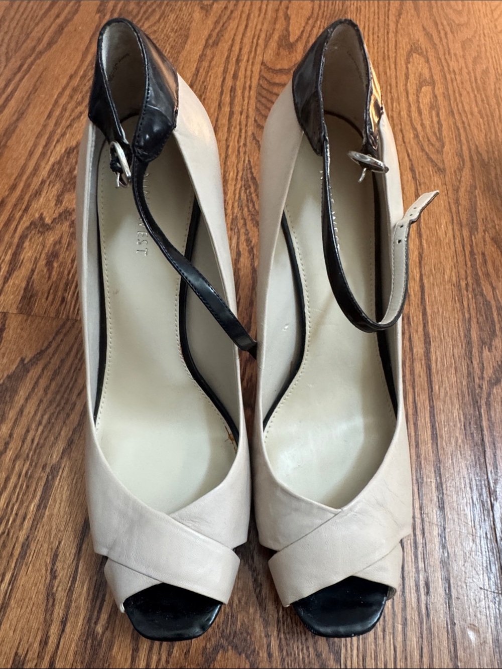 Nine West Cream and Black Peep-Toe Ankle-Strap Heels